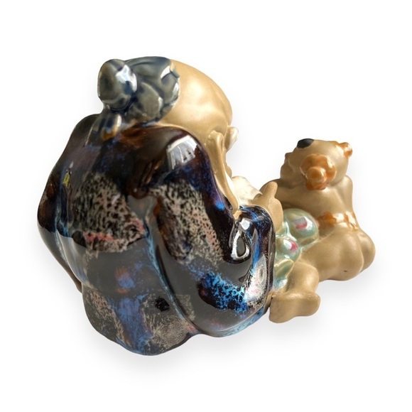 Old Chinese Dynasty Wu Cai Porcelain‎ Feng Shui Tong Zi Kid Boy Peach Statue 7” - Picture 2 of 9